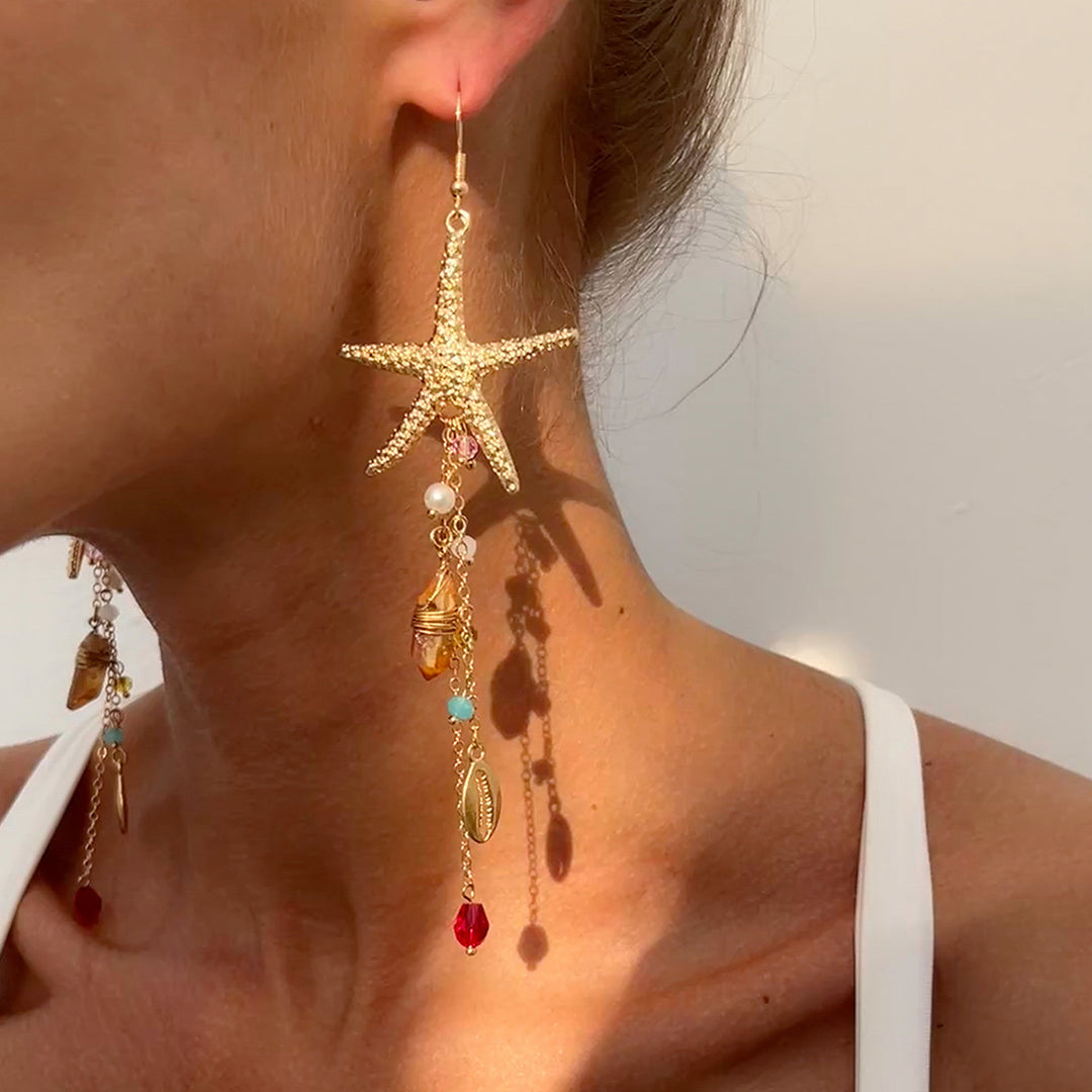 Starfish Beaded Tassel Earrings