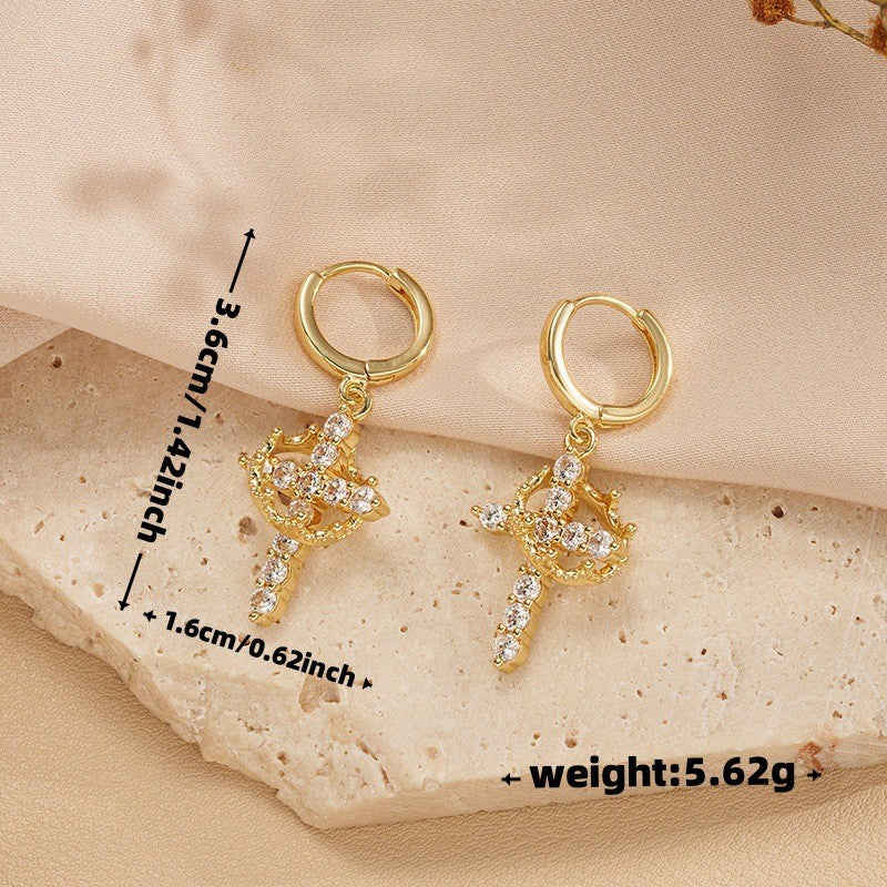Crown Cross Drop Hoop Earrings