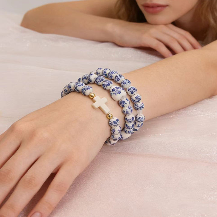 Blue &amp; White Porcelain Cross Bracelet