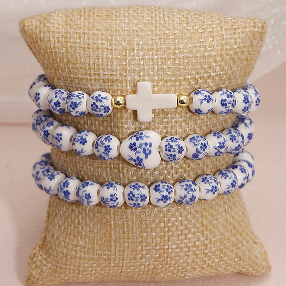 Blue &amp; White Porcelain Cross Bracelet