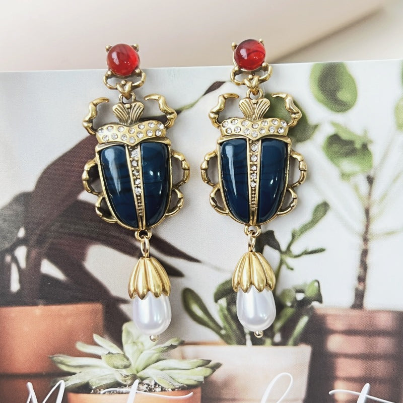 Vintage Beetle Pearl Drop Earrings