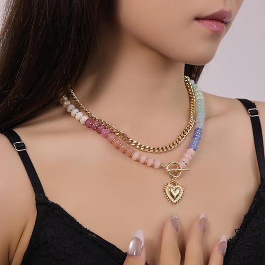 Colorful Beaded Heart Pendant Necklace