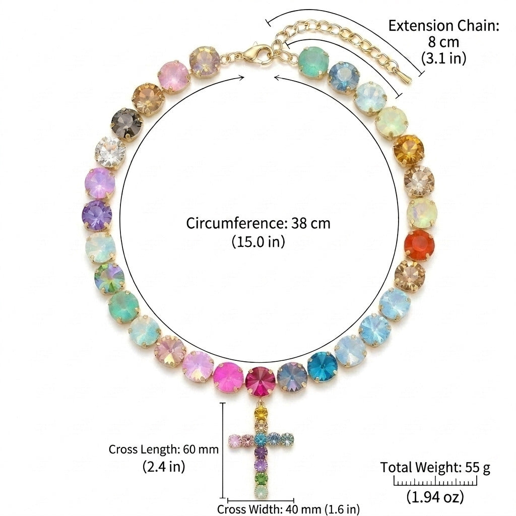Rainbow Crystal Cross Charm Necklace