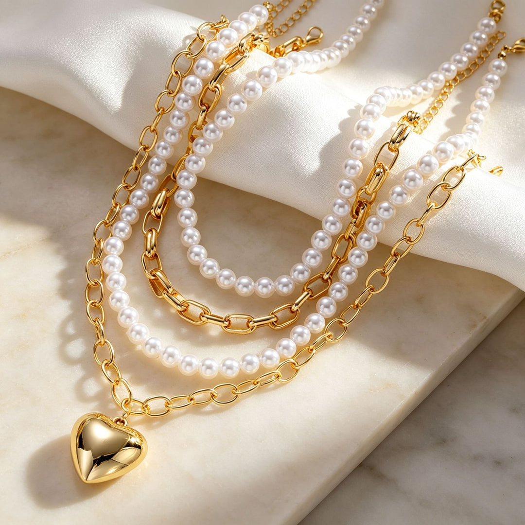 Layered Pearl Charm Necklace Set