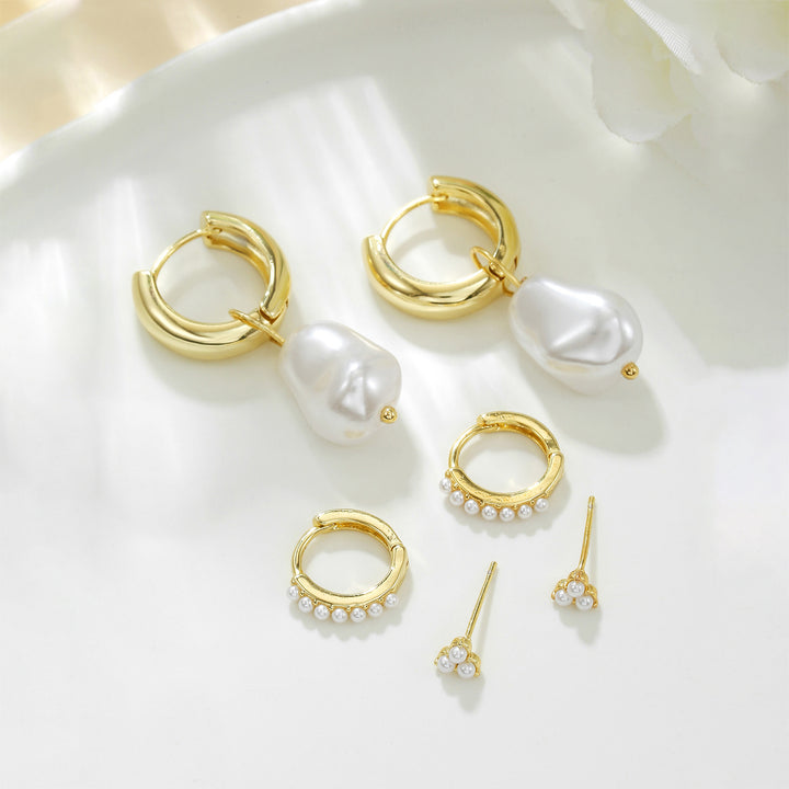 Pearl Drop Hoop Earrings Set