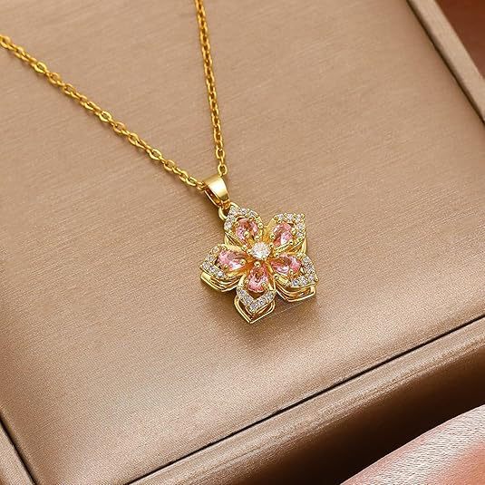 Crystal Flower Rotating Pendant Necklace