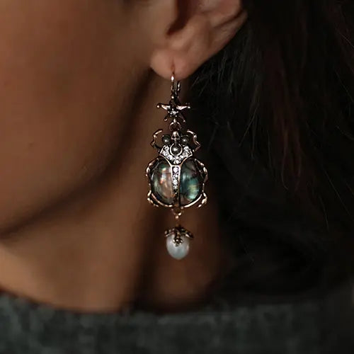 Vintage Beetle Pearl Drop Earrings