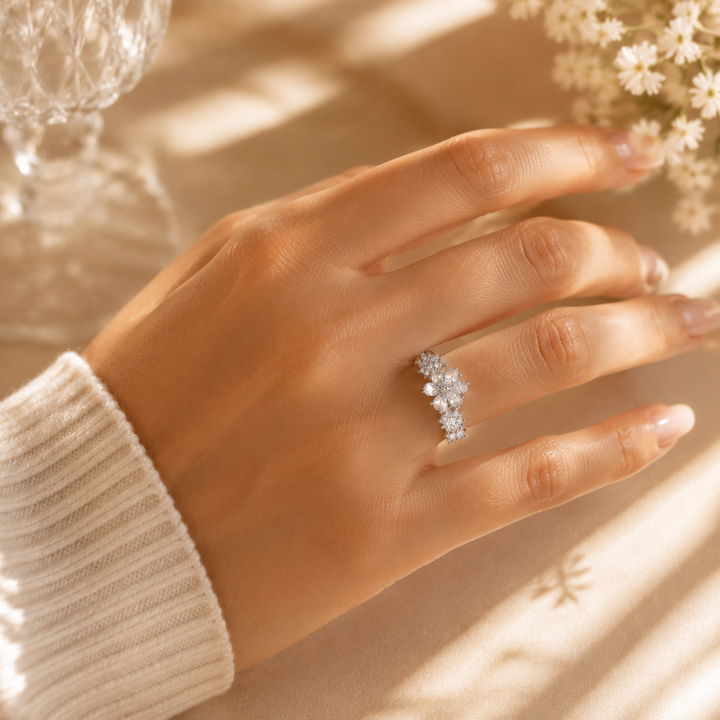 Silver Floral Zircon Ring
