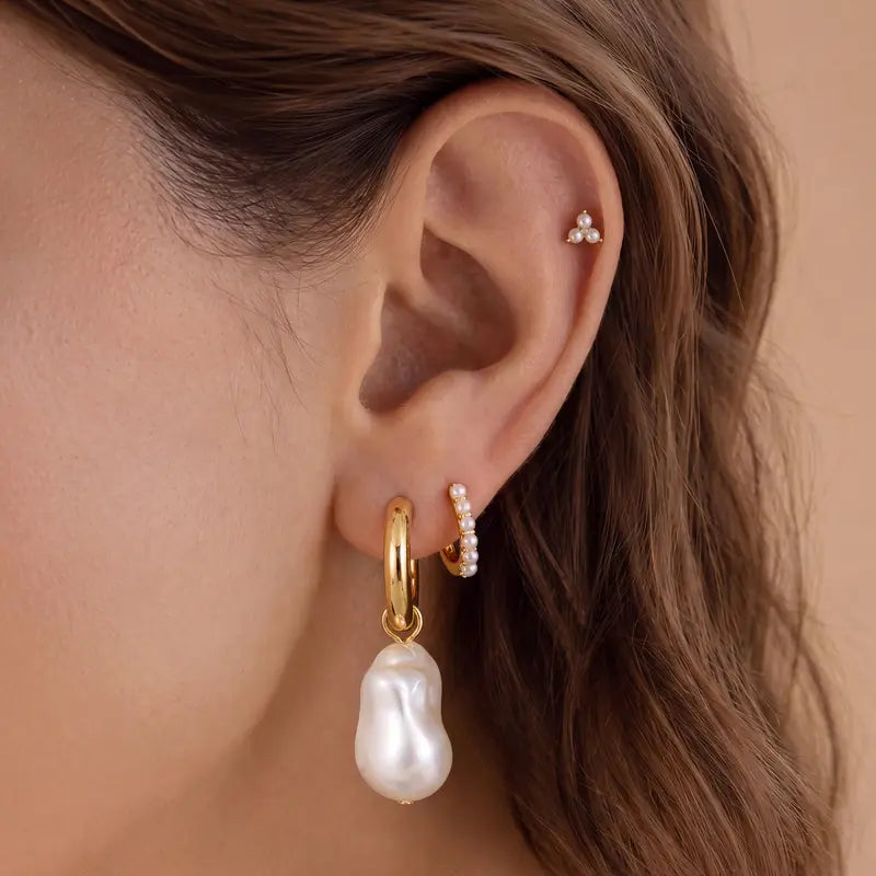 Pearl Drop Hoop Earrings Set