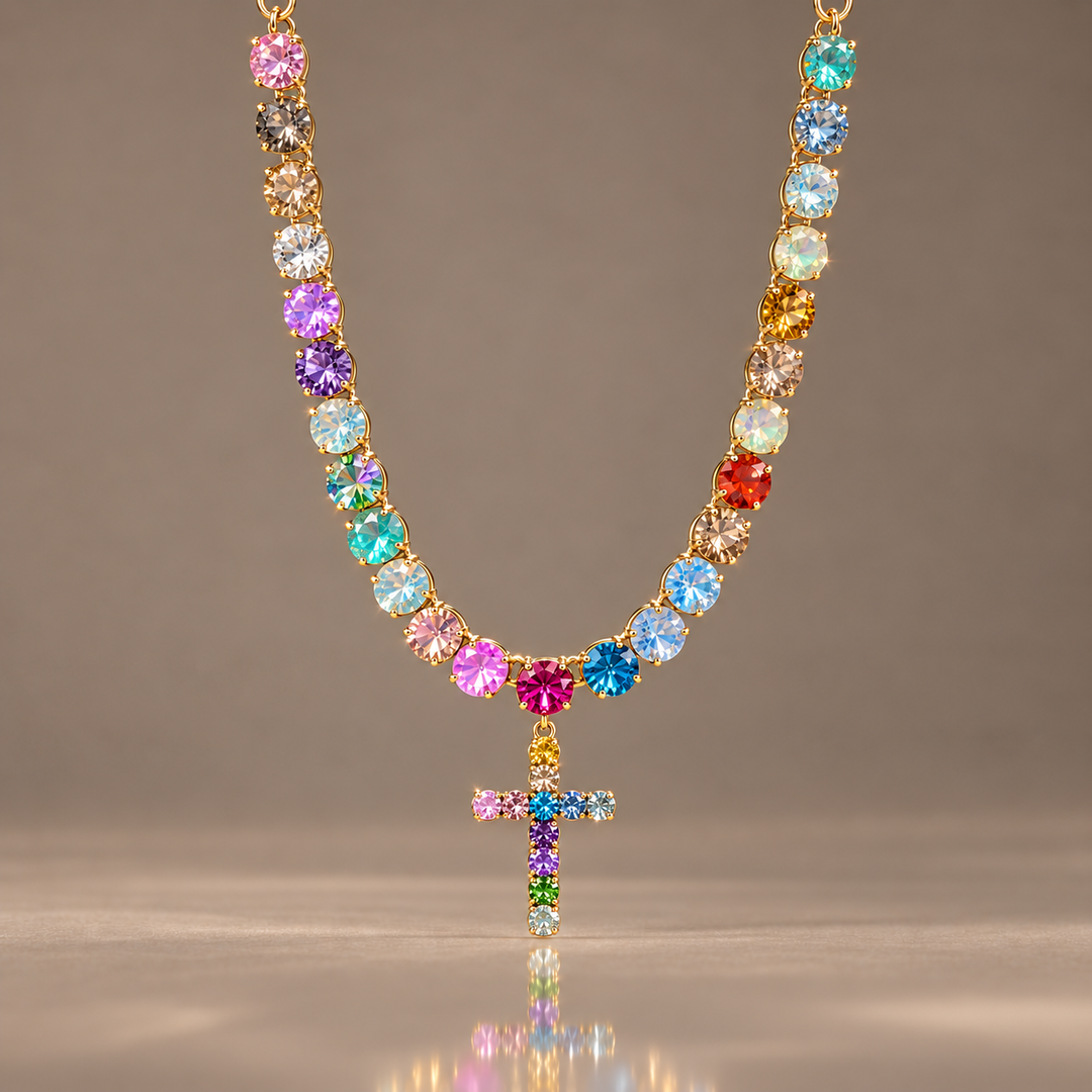 Rainbow Crystal Cross Charm Necklace