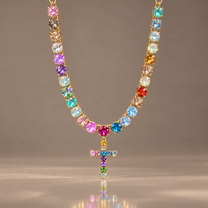 Rainbow Crystal Cross Charm Necklace