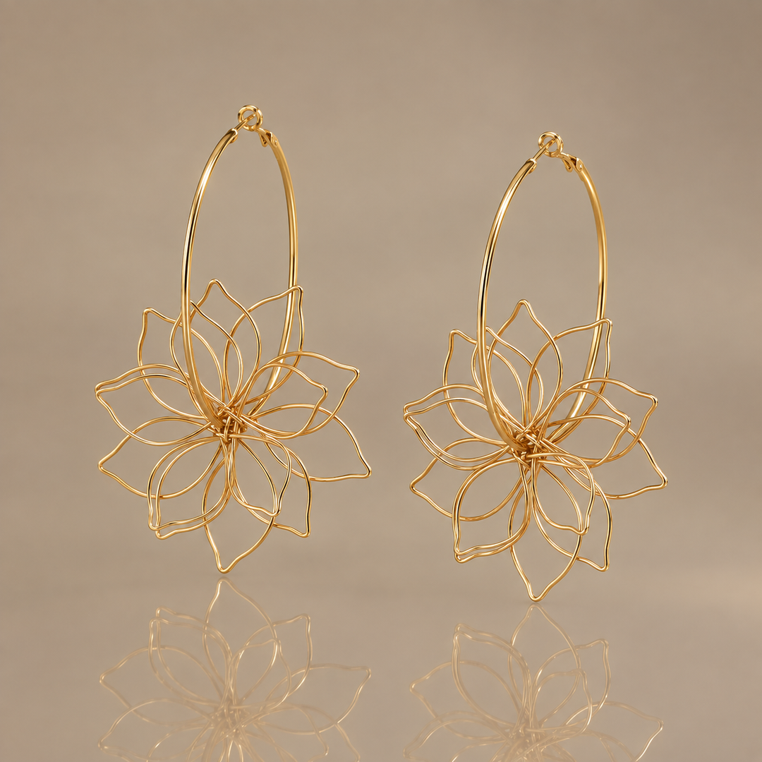Gold Floral Wire Hoop Earrings