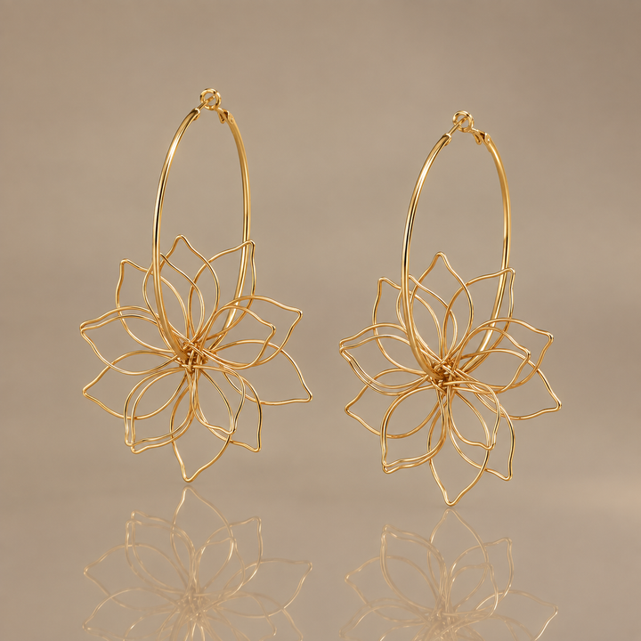 Gold Floral Wire Hoop Earrings