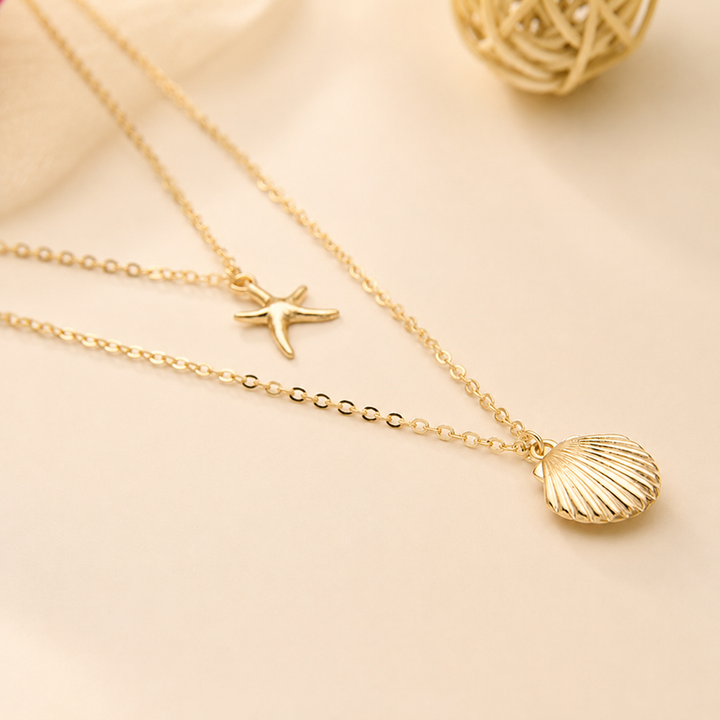 Layered Starfish &amp; Shell Pendant Necklace