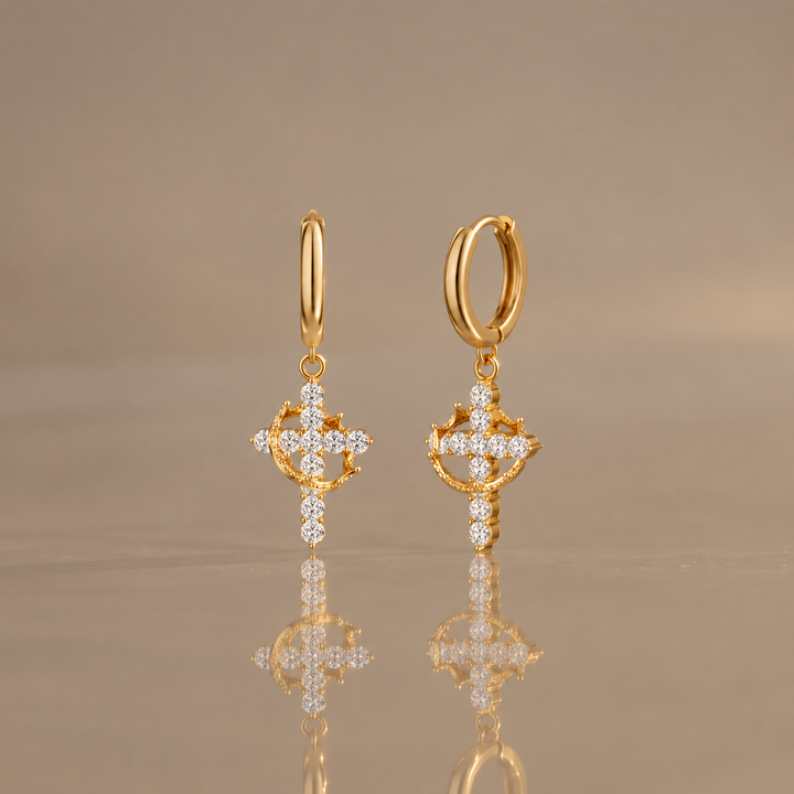 Crown Cross Drop Hoop Earrings