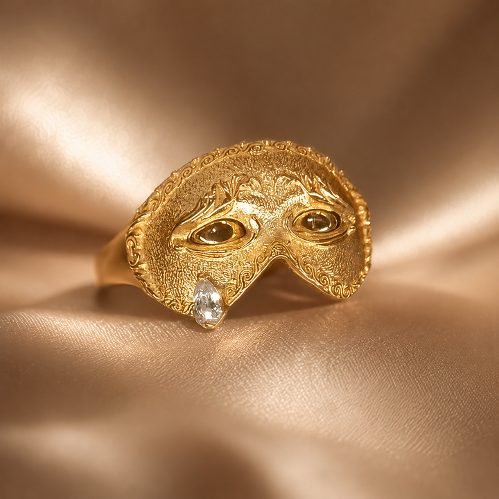 Vintage Masquerade Mask Tear Drop CZ Ring