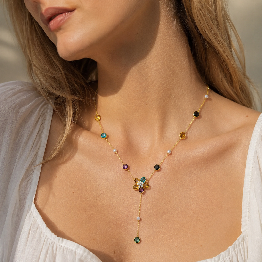Colorful Zircon Flower Tassel Necklace