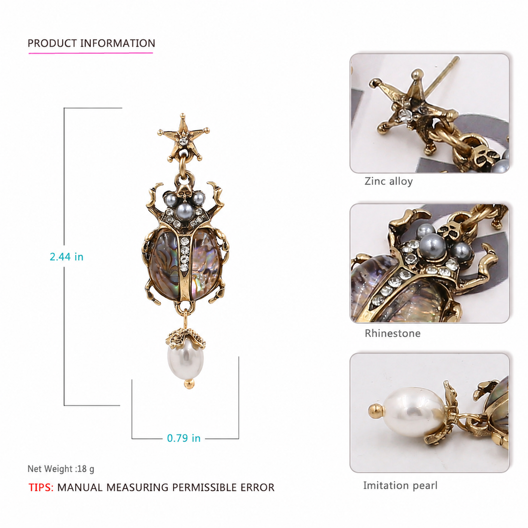 Vintage Beetle Pearl Drop Earrings