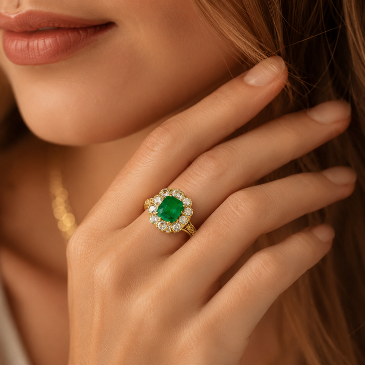Vintage Green Gemstone Halo Ring