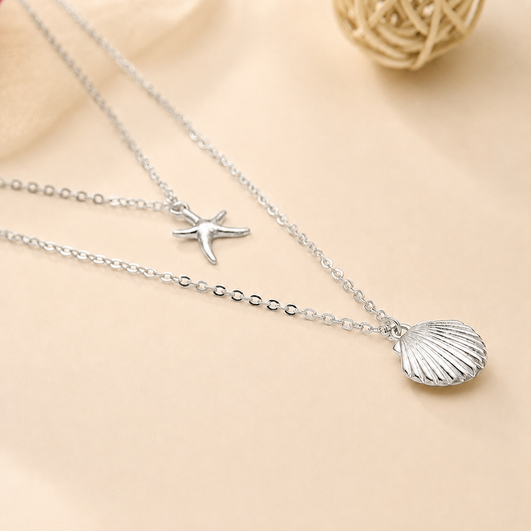 Layered Starfish &amp; Shell Pendant Necklace