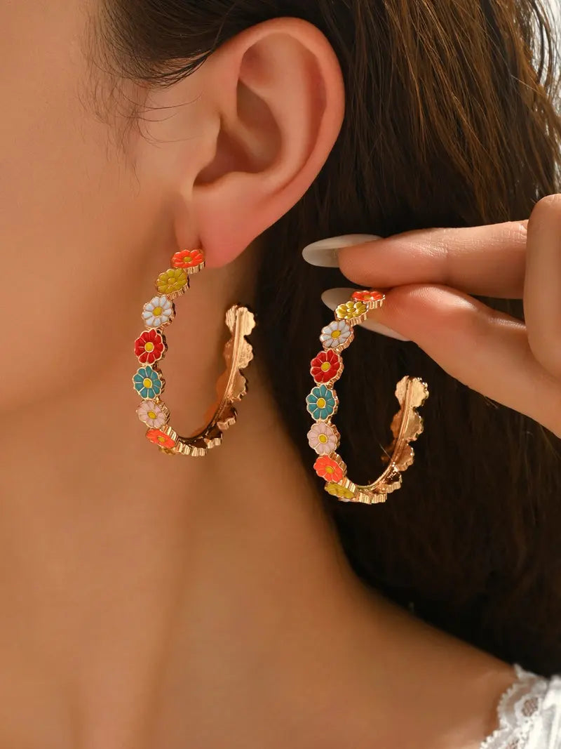 Colorful Floral Hoop Earrings