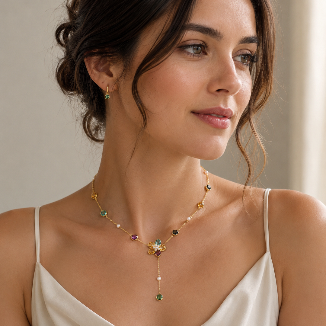 Colorful Zircon Flower Tassel Necklace