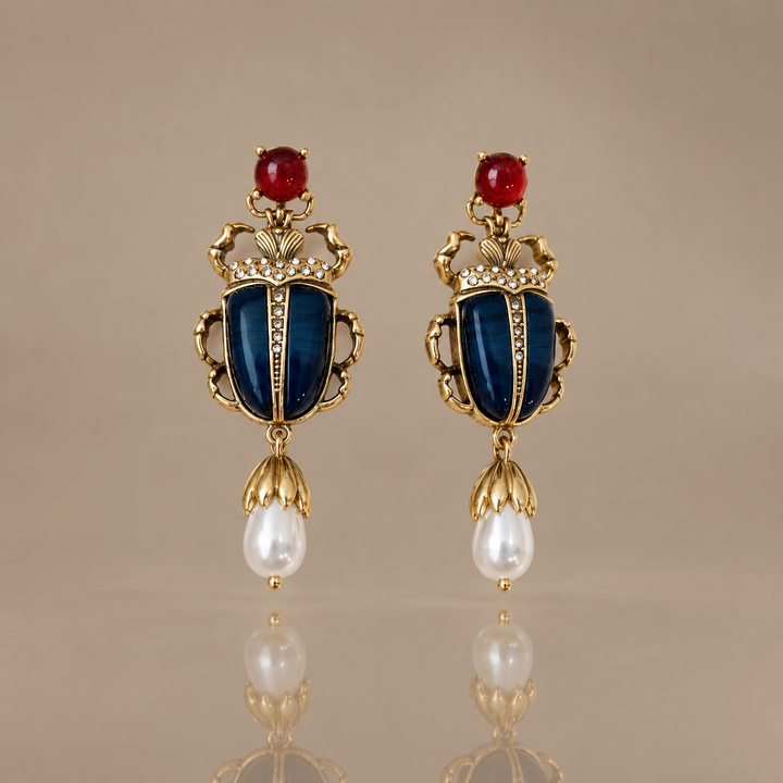 Vintage Beetle Pearl Drop Earrings