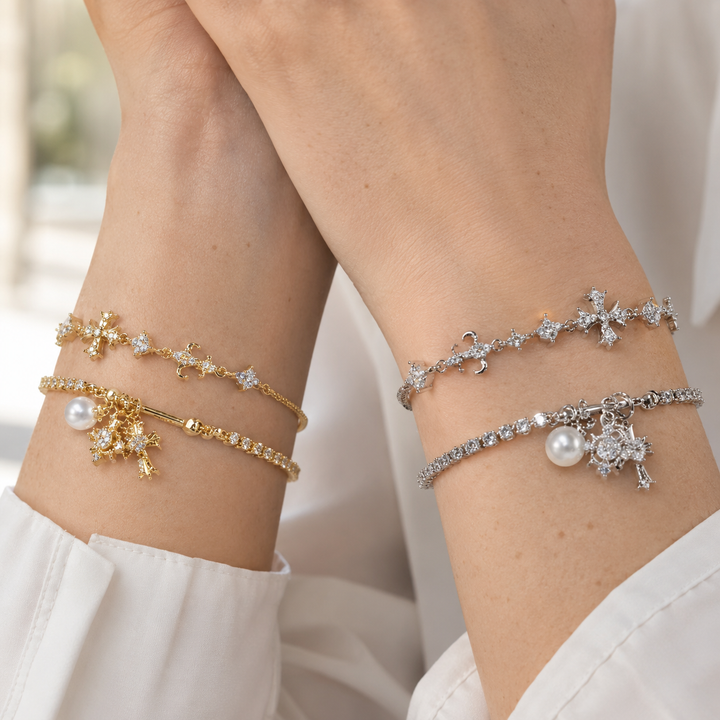 Vintage Cross Charm Layered Bracelet