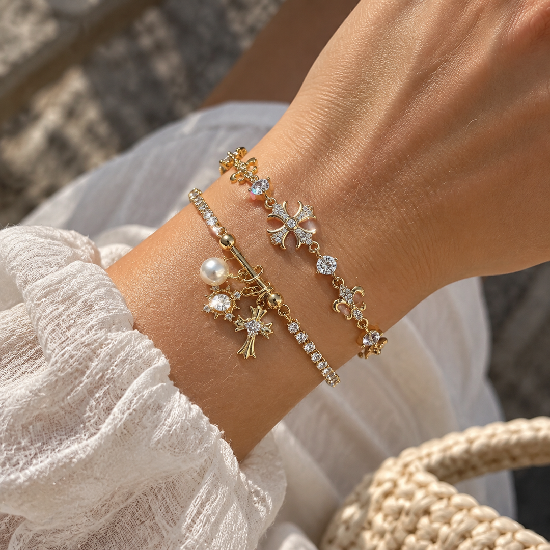 Vintage Cross Charm Layered Bracelet