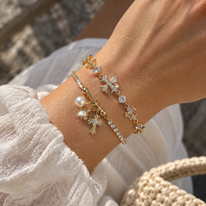 Vintage Cross Charm Layered Bracelet