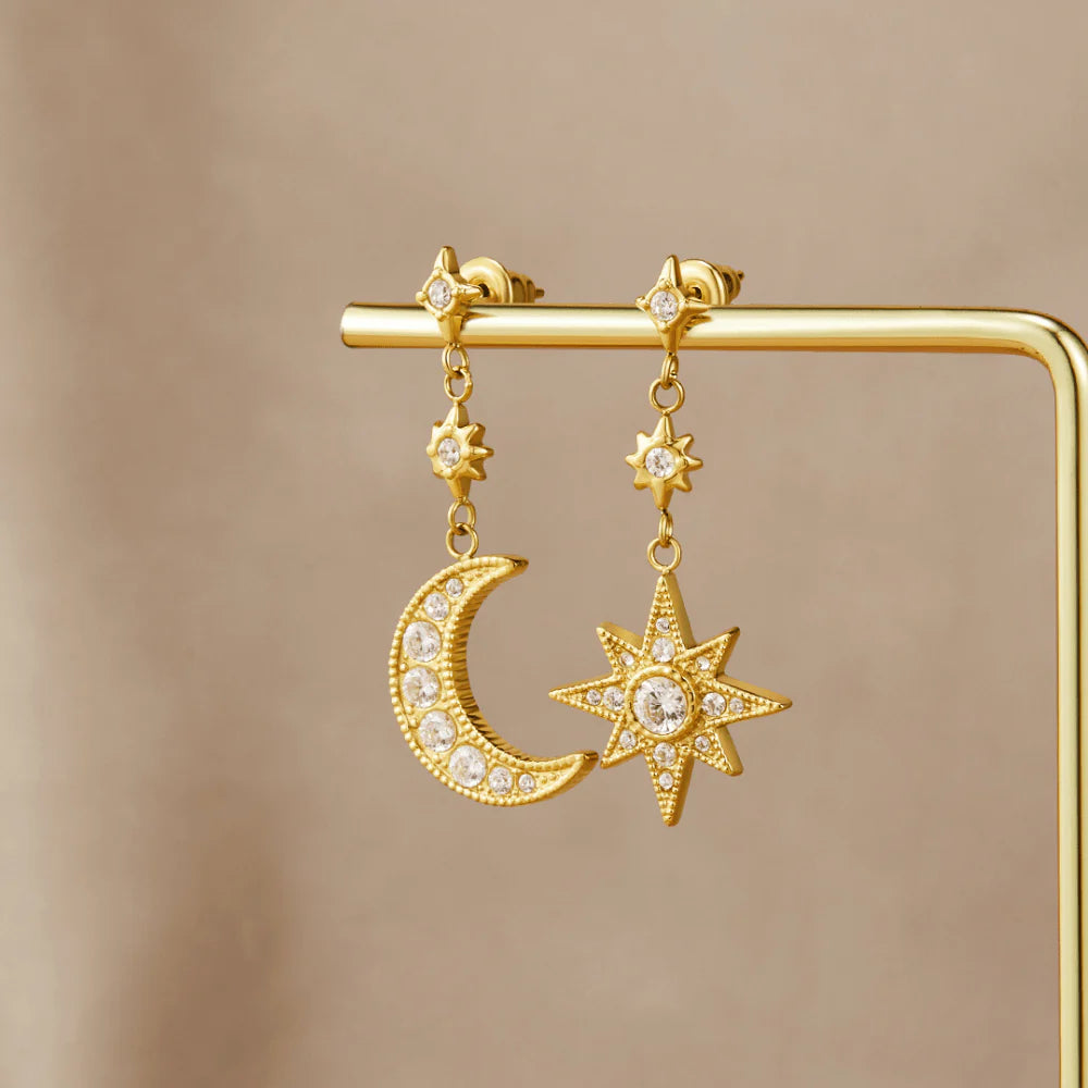 Celestial Sun &amp; Moon Star Drop Earrings