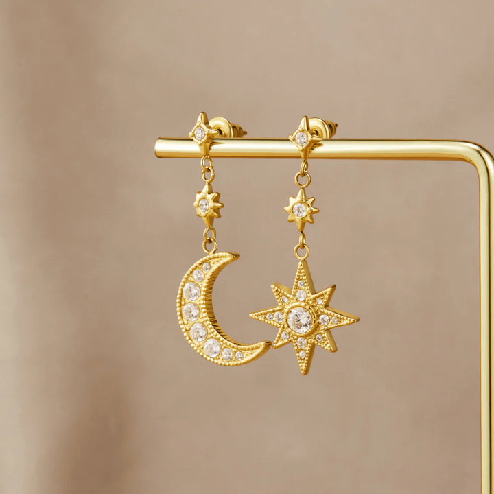Celestial Sun &amp; Moon Star Drop Earrings