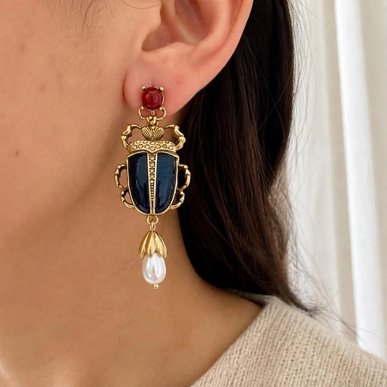 Vintage Beetle Pearl Drop Earrings