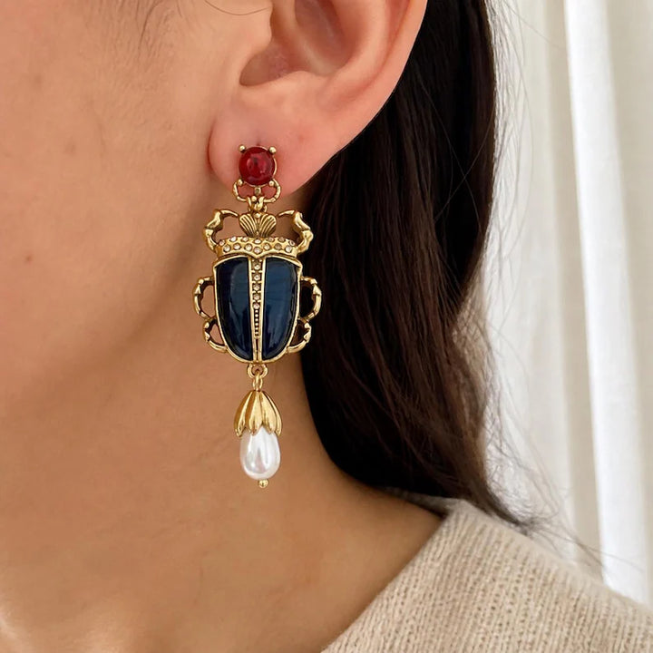 Vintage Beetle Pearl Drop Earrings