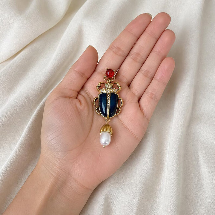 Vintage Beetle Pearl Drop Earrings