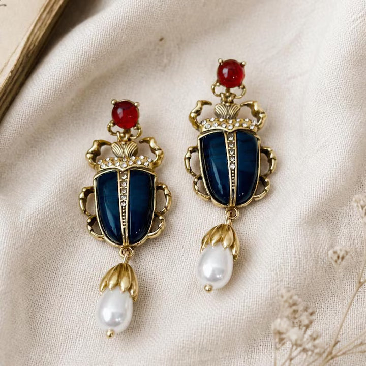 Vintage Beetle Pearl Drop Earrings