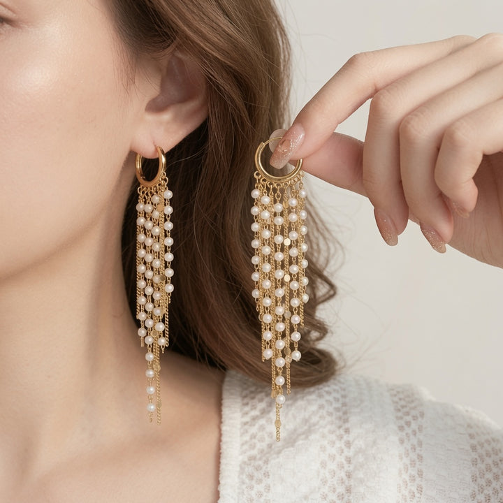 Pearl Tassel Hoop Earrings