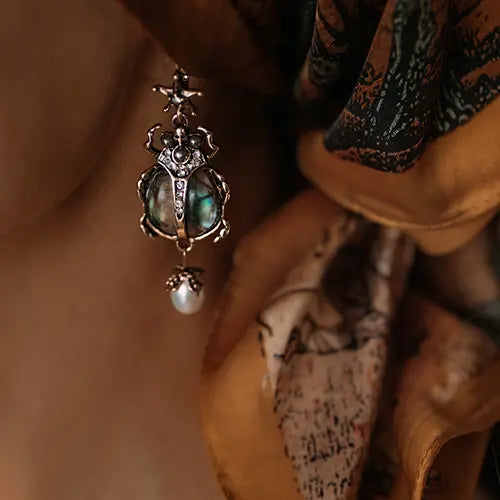 Vintage Beetle Pearl Drop Earrings