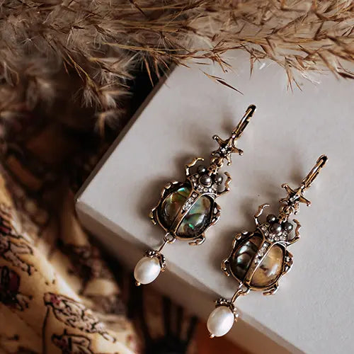 Vintage Beetle Pearl Drop Earrings
